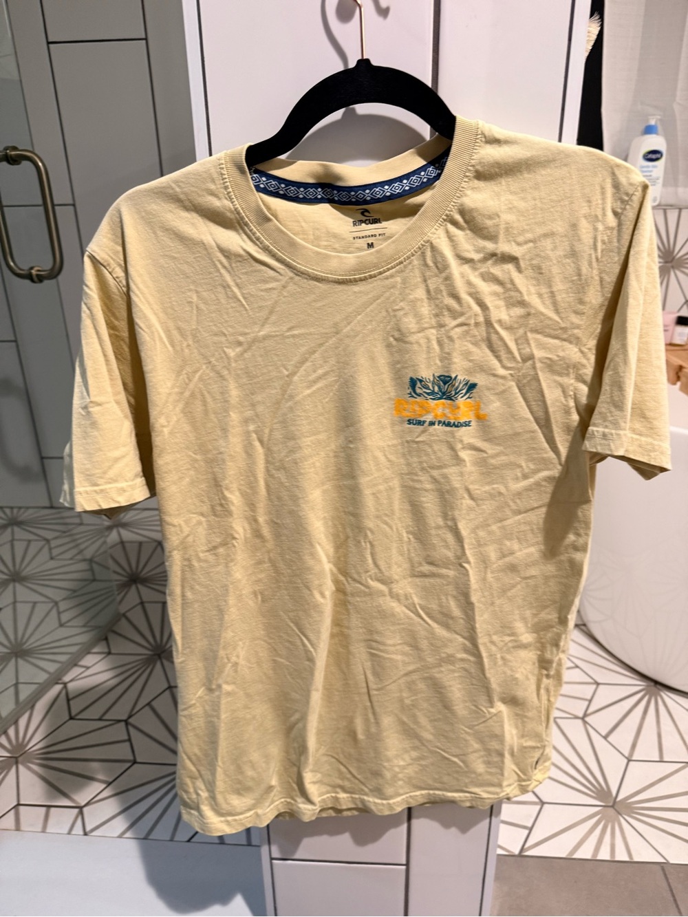 Rip Curl Men's Pale Yellow Crew Neck Tee with Surf Graphic